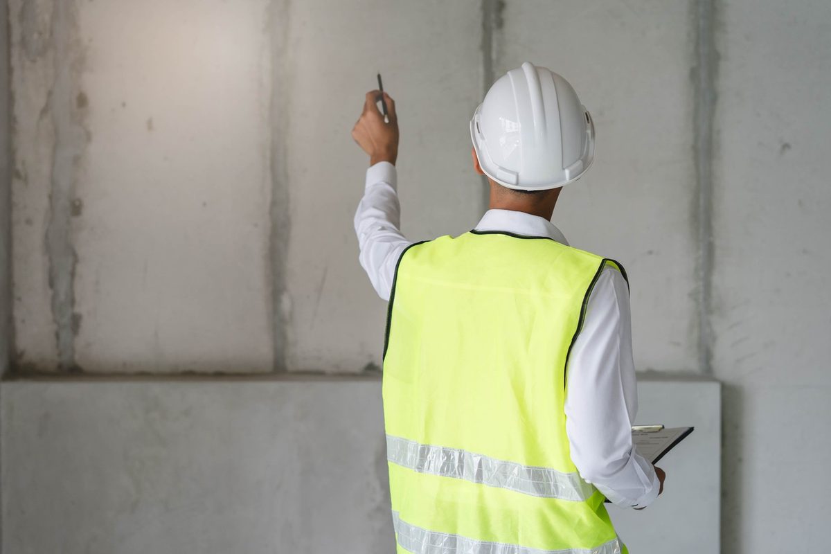 A surveyor in a hard hat recording the condition of a bare concrete wall