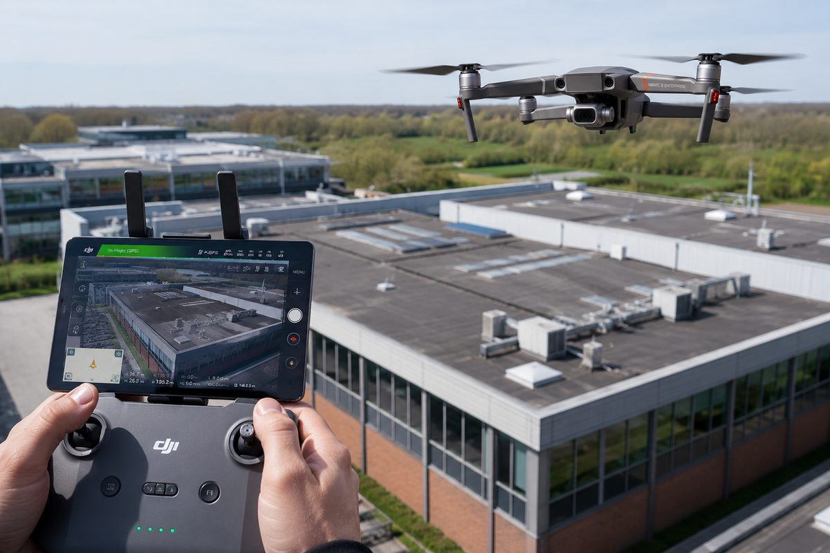 A drone surveying an industrial roof, its camera view on the pilot's screen