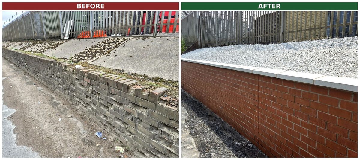 Before and after: a crumbling boundary wall rebuilt in new brick with fresh coping