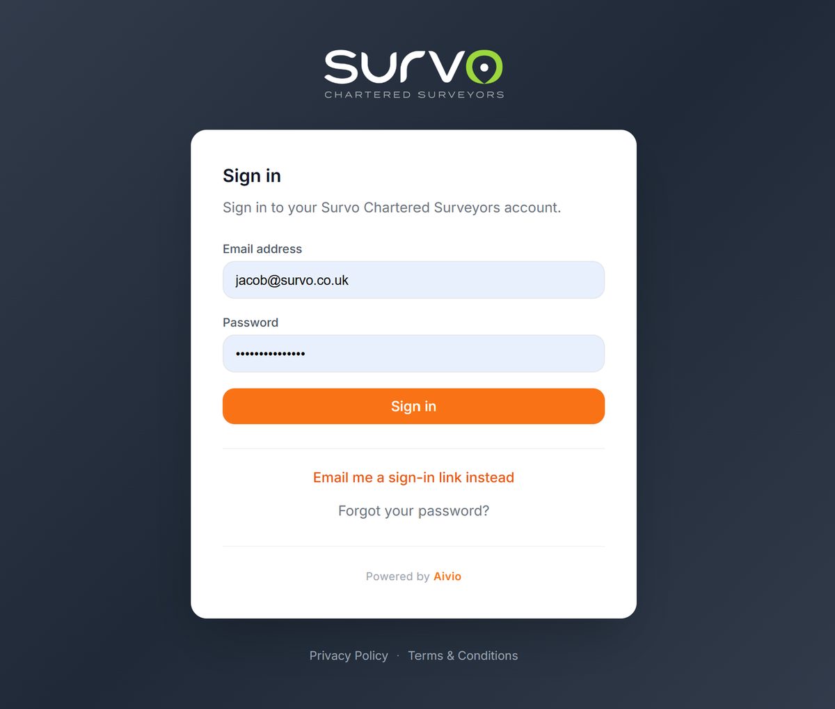The sign-in screen of Aivio, Survo's property management platform