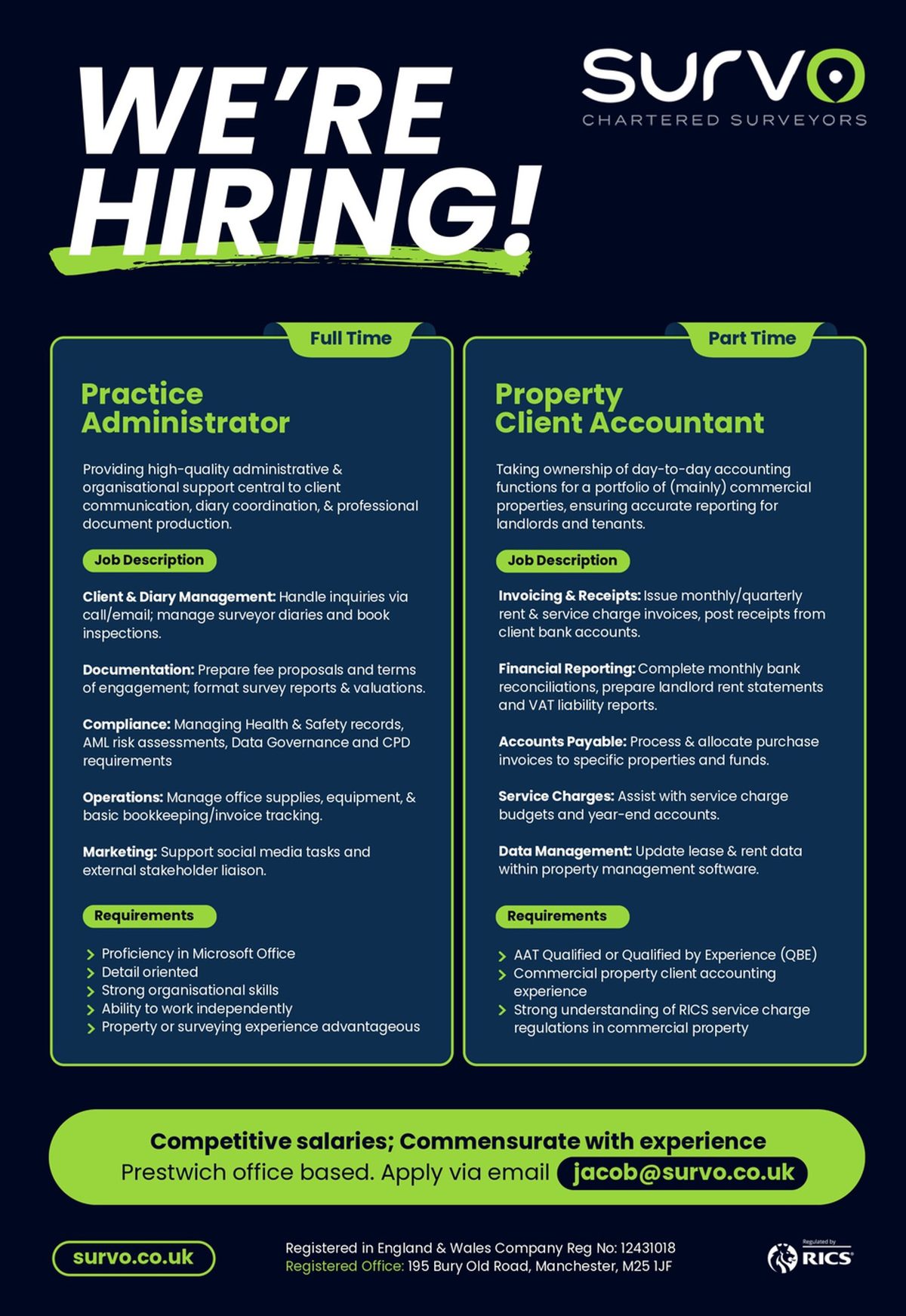 Survo's recruitment poster for Practice Administrator and Property Client Accountant roles
