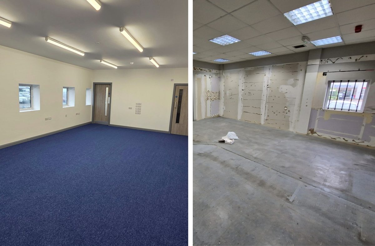 An office finished and carpeted beside the same space stripped back to bare walls