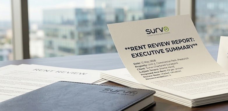 A Survo rent review report and executive summary laid out on a desk