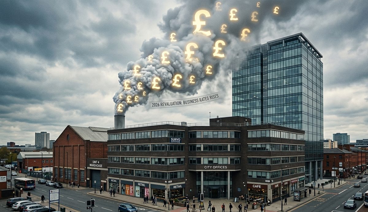 An illustration of pound signs rising like smoke above a city office block