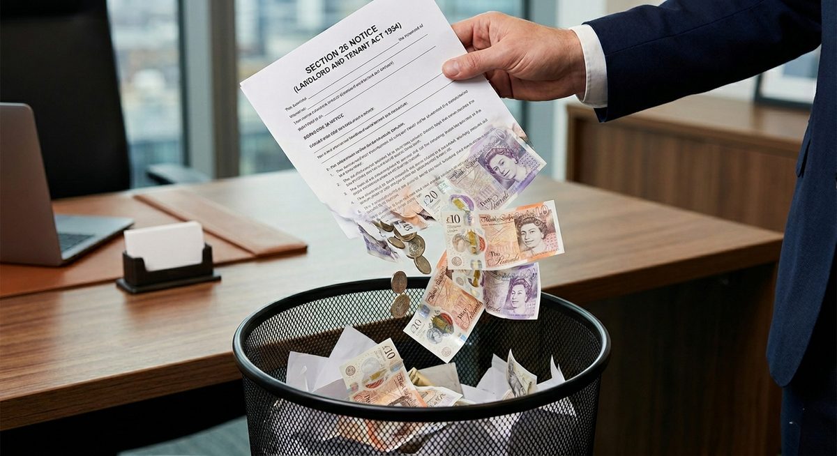 A statutory notice being dropped into a wastepaper bin among discarded banknotes